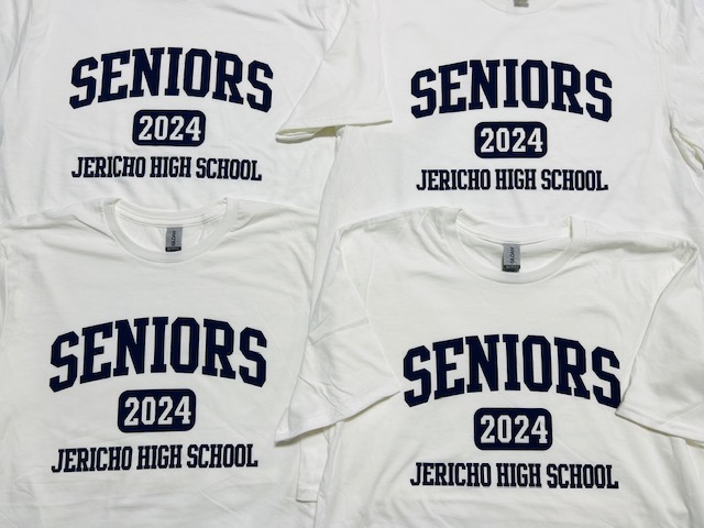 Four white Jericho High School Seniors 2024 tees with navy script and roster names on the back
