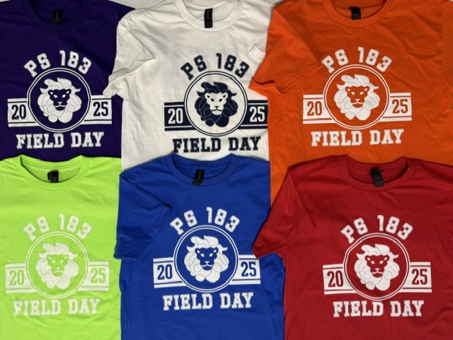 P.S. 183 Field Day 2025 tees in purple, white, orange, lime, blue and red
