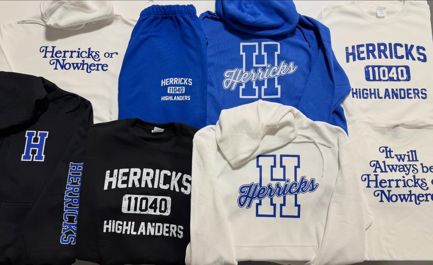 Herricks Highlanders full spirit collection — hoodies, tees, sweats with 11040 zip code and Herricks or Nowhere script